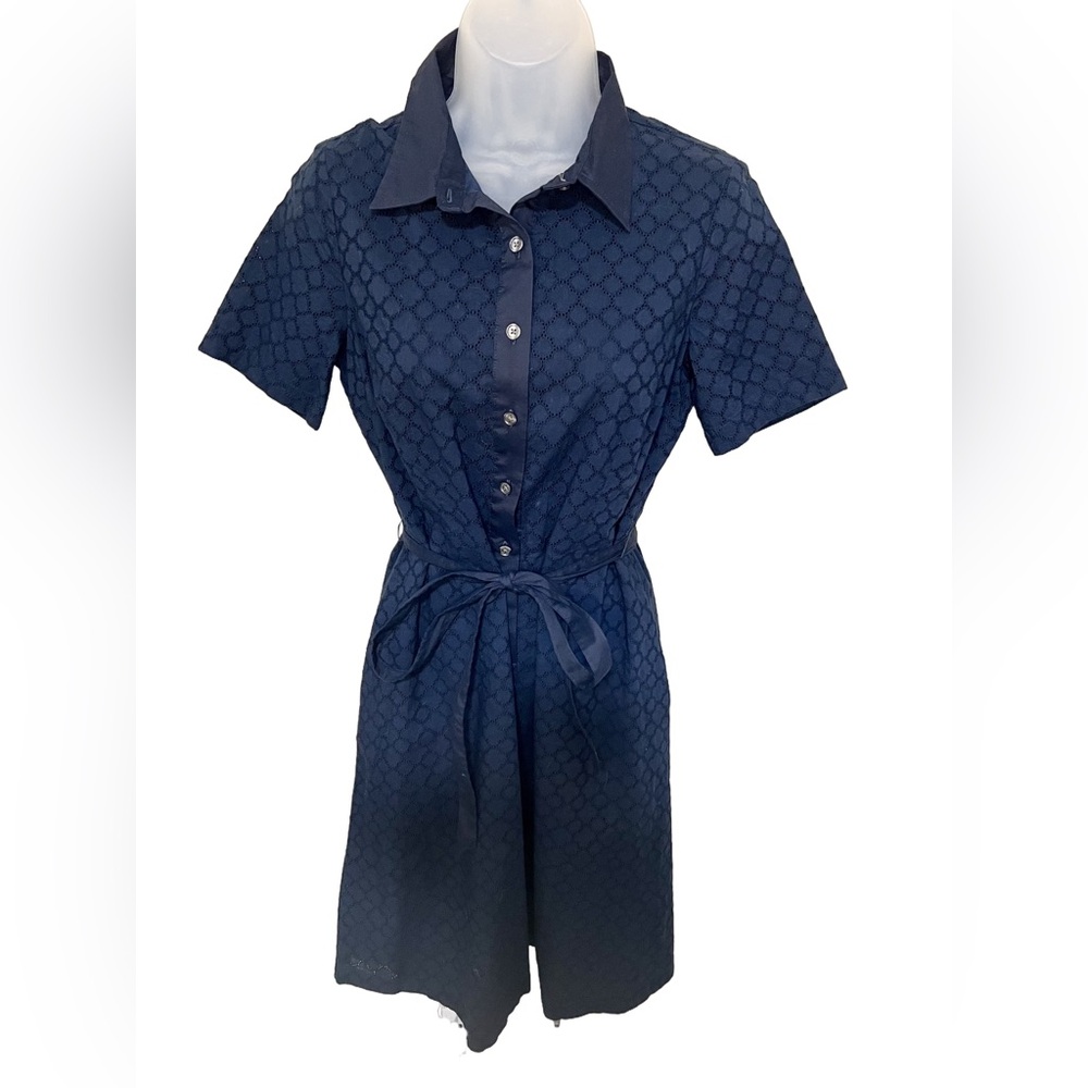 Lands’ End Eyelet Dress 6 Navy Button Down Belted Retro Cotton Preppy Coastal